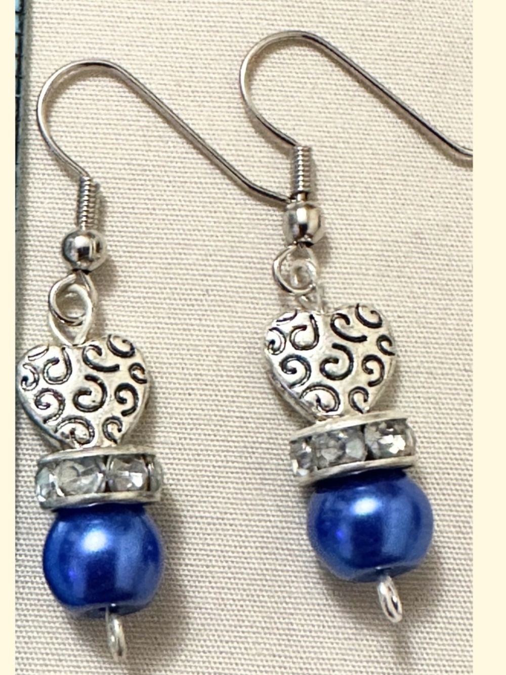 Handmade Stainless Steel Hook Dangle Earrings Blue Beads Heart Charms & Crystals